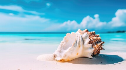Fototapeta na wymiar Conch shell on a sandy beach with the ocean in the background. Generative AI