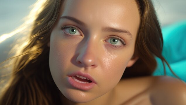 Portrait of beautiful young woman with naked shoulders and green eyes. AI generated