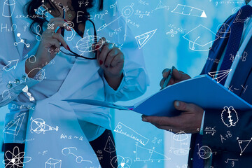 science, research and chemistry concept - young scientist in safety glasses with test tube and virtual projection of chemical formula.