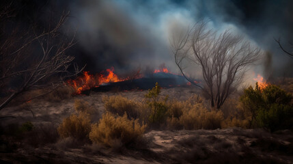 Fototapeta premium A wildfire burns to ground in the forest