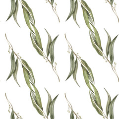 Watercolor Eucalyptus branches seamless pattern. Digital painted trendy print.