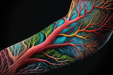 colorful tattooed arm, with a pattern that mimics the veins and arteries right bent arm created with Generative AI technology