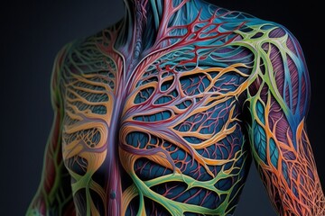 colorful tattooed body with a pattern that mimics the veins and arteries torso turned right created with Generative AI technology