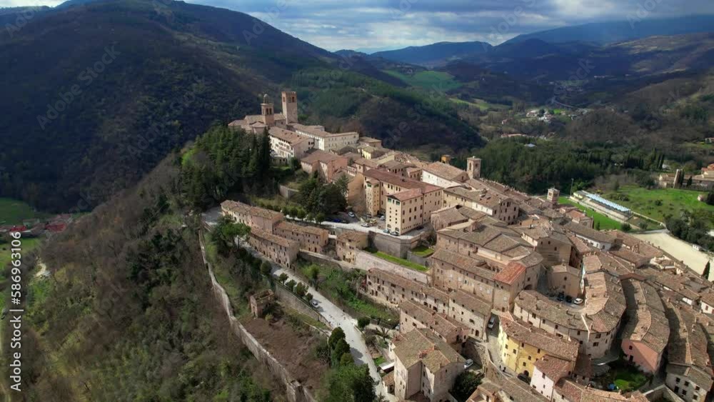 Poster most beautiful medieval villages of umbria region in italy - nocera umbra. aerial drone video of sce