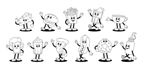 Vector set with cartoon retro mascot monochrome illustrations of walking street food. Vintage style 30s, 40s, 50s old animation. Stickers isolated on white background. - 586963310