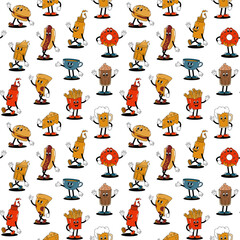 Vector seamless pattern with cartoon retro mascots colored illustrations of walking street food on a white background. Vintage style 30s, 40s, 50s old animation.