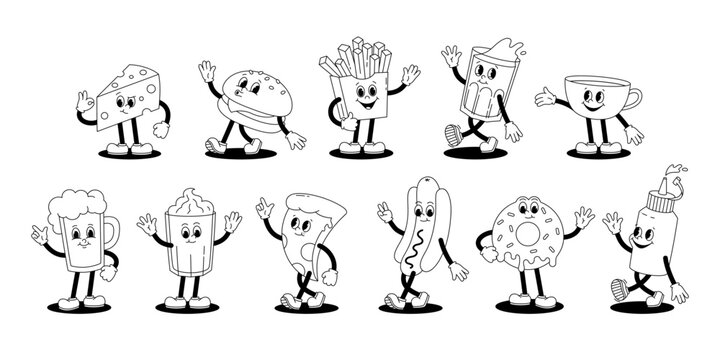 Vector set with cartoon retro mascot monochrome illustrations of walking street food. Vintage style 30s, 40s, 50s old animation. Stickers isolated on white background.