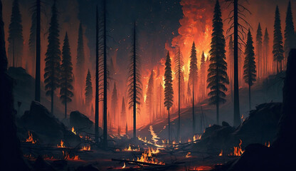 A wildfire burns to ground in the forest