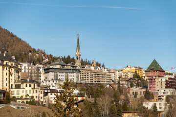 Fototapeta na wymiar View over the city of Saint Moritz in Switzerland