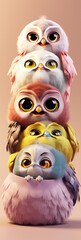 Super Cute Adorkable Fluffy Owl Sitting On Each Other In Shape Of Assorted Stack Generative Ai Digital Illustration Part#300323