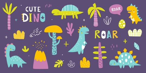 Cute dino colorful set. Naive dinosaurs collection for baby boys. Scandinavian vector dino bundle. © Sonium_art