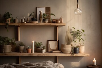 Wabi sabi shelf with modern house décor. Boho living room with wooden shelves, vase, green houseplants in pots, and candles. Generative AI