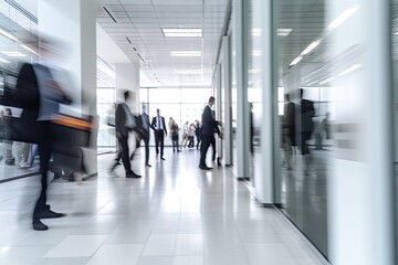 Fototapeta na wymiar Crowd of business people walking in office fast moving with blurry business decks glas fronts - Generative AI