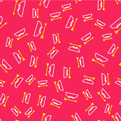 Line Bow and arrow in quiver icon isolated seamless pattern on red background. Vector