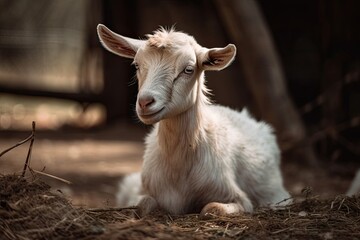 In a farm, a young goat is resting outside. Generative AI
