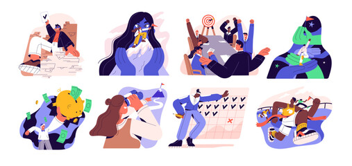 Achieving targets, goals concept. Progress, success in aim achievement. Personal, finance, career, business growth and challenges. Flat graphic vector illustrations isolated on white background