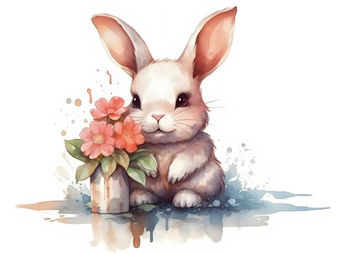 recommend clip art: Cute Watercolor Little Easter Bunny with Spring Flowers. Watercolor Easter Illustration. Generative Ai