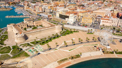 Aerial view of Fort Michelangelo, located in the port of Civitavecchia, in the Metropolitan City of...
