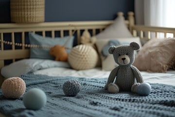 Cotton balls and soft toy next to blue bed in carpeted kid's bedroom. Real picture. Generative AI