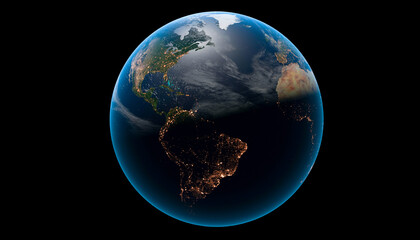 Planet Earth blue glow day and night 3d view from space