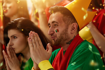 Portugal football fans emotionally watching match, game at stadium, supporting and cheering up team...