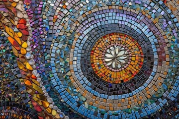 Mosaic - A decorative art form that uses small pieces of colored glass, stone, or other materials to create a pattern or image.