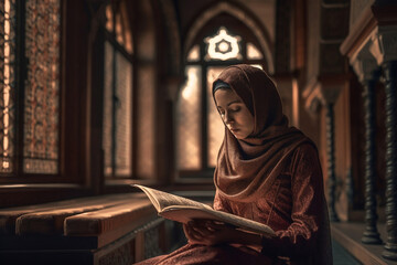 Young muslim woman praying in the mosque, generative ai