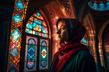 Fototapeta premium Muslim women praying in the mosquec, generative ai