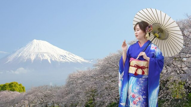 春の富士山 満開の桜と振袖の女性イメージ