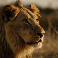 A big lion in the African savanna. Landscape with characteristic trees on the plain and hills in the background.
