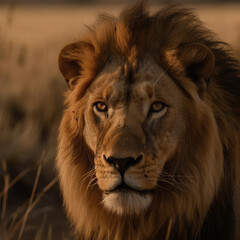 A big lion in the African savanna. Landscape with characteristic trees on the plain and hills in the background.
