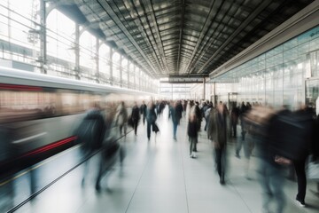 Crowd of all kind of people walking in train station fast moving with blurry trains on the right and blurry glas front on the left - Generative AI
