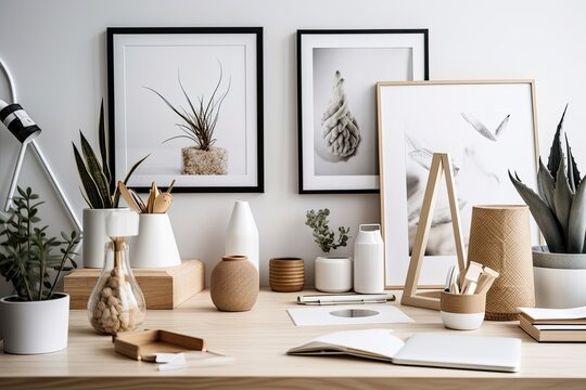 A close up of a white desk featuring a plant pot, a vase, and mock up frames for a home's interior design. Generative AI