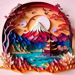 Kirigami art, paper illustrations of fairies,  Tengwang Pavilion buildings, mountains and rivers, scenery of Nanch,