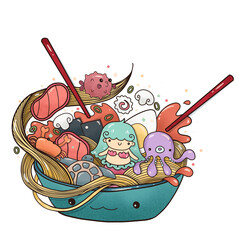 Noodle with Mermaid and ocean world cartoon style with concept can use for silk screen design poster and decorated. Kawaii ramen art. Japanese’s food, china, Korean , chopsticks, food illustration. - 586969901