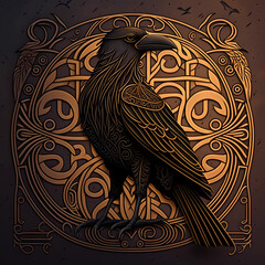 Raven from Celtic mythology. Hugin, Munin, Midgard, God Odin. AI generation