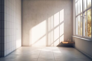 Illustration of a window and corner wall in a room with shades. mock up of a kitchen or bathroom for a product presentation. Generative AI