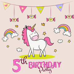 happy birthday card with horse, birthday card with horse, birthday party invitation with baby unicorn, hand drawn unicorn poster design, 5th birthday