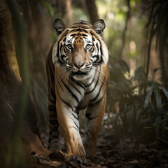 Fototapeta na wymiar Beautiful Bengal Tiger in the jungle, wild animal in its natural habitat. Big cat, endangered animal.