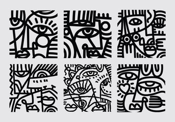 Set of abstract face portrait hand drawing, line art, black and white cubism style vector illustration.