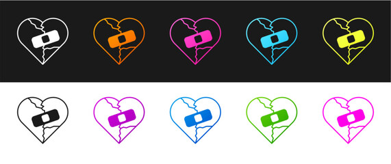 Set Healed broken heart or divorce icon isolated on black and white background. Shattered and patched heart. Love symbol. Valentines day. Vector