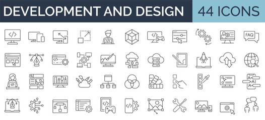 Set of 44 line icons related to web design, development. Editable stroke. Vector illustration - obrazy, fototapety, plakaty