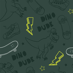 Seamless pattern with skate, lightning, t-rex .  Background for textile, fabric, stationery, clothes, accessories and other designs. © Annity_Art