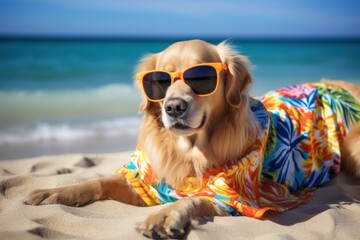 Funny Dog Enjoying a Beach Day in Hawaiian Shirt and Sunglasses