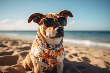 Funny Dog Enjoying a Beach Day in Hawaiian Shirt and Sunglasses