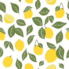 Tropical seamless pattern with yellow lemons and lemon slices. Hand drawn lemons pattern on white background. Fruit repeated background. Bright print for fabric, wallpaper, design, party paper.