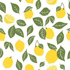 Tropical seamless pattern with yellow lemons and lemon slices. Hand drawn lemons pattern on white background. Fruit repeated background. Vector bright print for fabric, wallpaper, design, party paper.