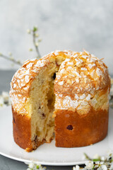 Cut Easter cake on plate decorated with spring flower branches