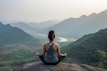 Fototapeta na wymiar Healthy wellness woman yoga breathing meditating in lotus position. Generative AI