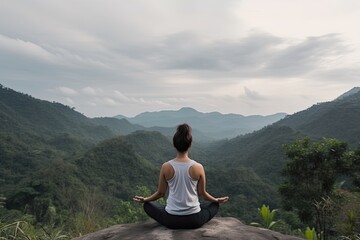 Naklejka na ściany i meble Healthy wellness woman yoga breathing meditating in lotus position. Generative AI